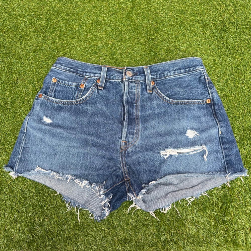 Levis 501 Original High‎ Rise Distressed Denim Shorts Blue W27 Button Fly Dark